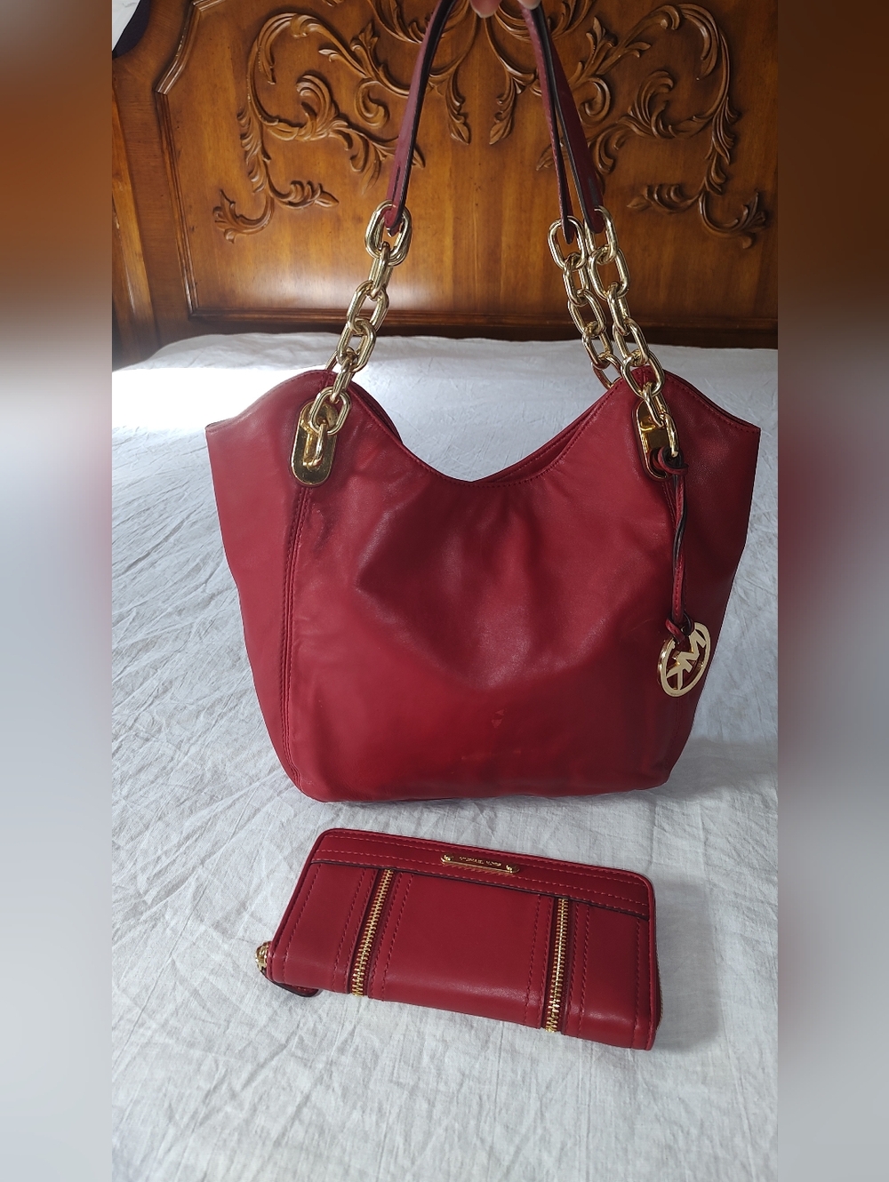 Michael Kors Red Leather Shoulder Bag Matching Wallet